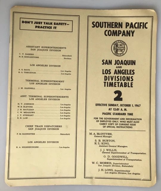 Southern Pacific Company Railway TimeTable 2 L.A. California October 1, 1967