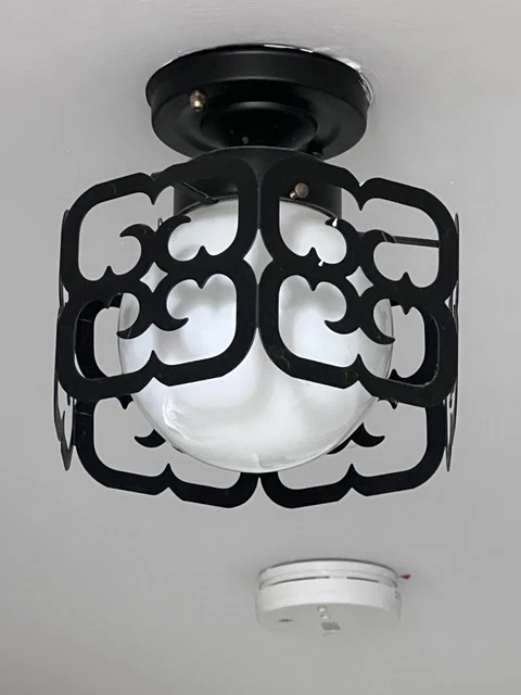 VINTAGE Mid Century Modern Black Metal Scroll Flush CEILING LIGHT W/ White GLOBE