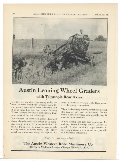 1926 Austin Western Road Machinery Ad: Leaning Wheel Grader Pictured at Work