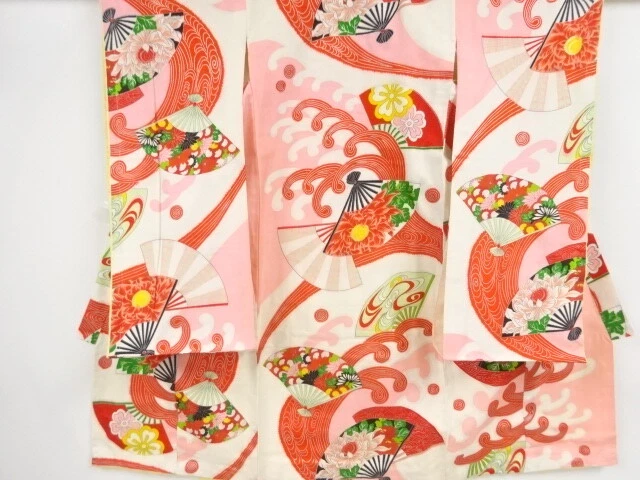 39518# Japanese Kimono / Antique Kimono For Girls / Rough Wave & Folding Fan