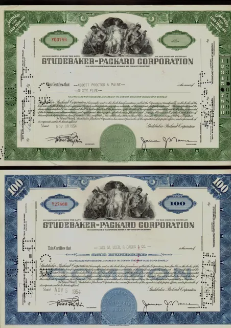 Set of 2 different STUDEBAKER-PACKARD CORPORATION Michigan old stock certificate