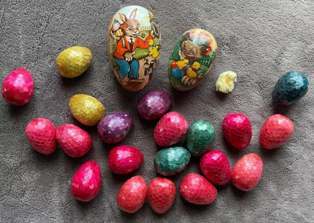 Vtg Lot 20+ German Easter Eggs - Nested 5” Set Chick & 2” Paper Mache & Wood Egg