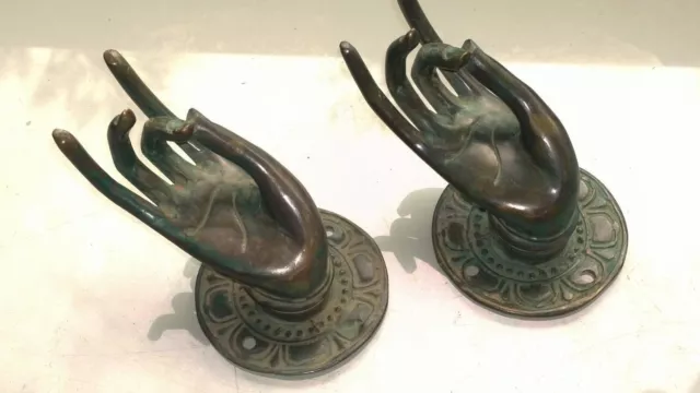 2 small Pull handle hands buddha brass green door aged style knob hook 6.5cm B