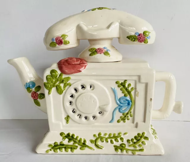 TELEPHONE TEAPOT Ceramic Antique Flower Decorative Ornament Vintage Retro Style