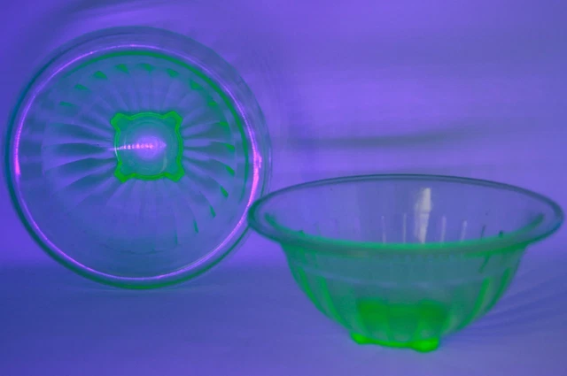 Vintage Uranium Glass Mixing Bowl Pair, GLOWS!!