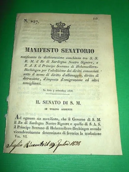 Regno Sardegna Dichiarazione tra Re di Sardegna e Hohenzollern - Hechingen 1838
