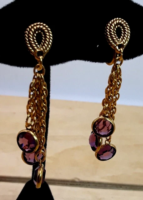 Vintage Amethyst Glass Gold Tone Waterfall Screw Back Dangle Earrings 2.25"