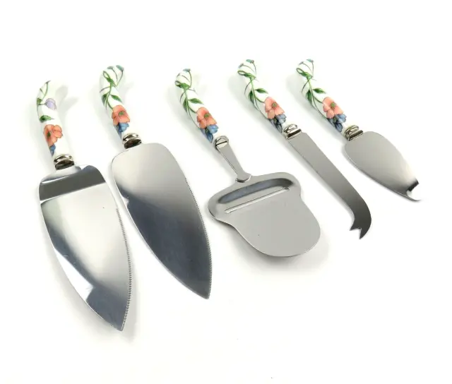 Vintage 5 PC PRILL Cheese Knife Set Stainless Sheffield England Floral PATTERN