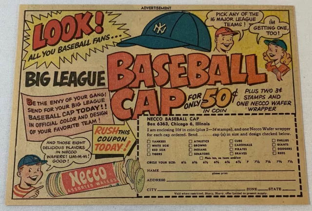 1952 Necco Wafer Premiums Ad ~ MLB Baseball Coperchi