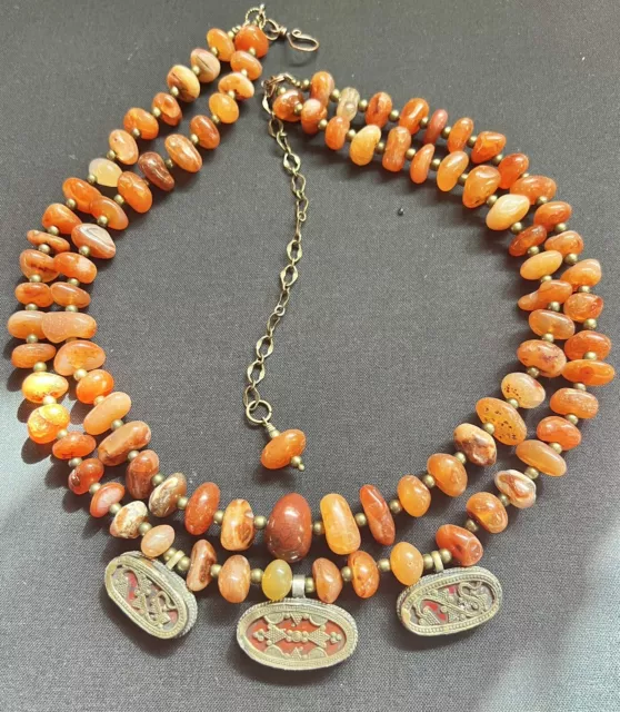 Carnelian vintage 3 Ottoman Inlaid pendants 2 Strands Middle Eastern Necklace. 2