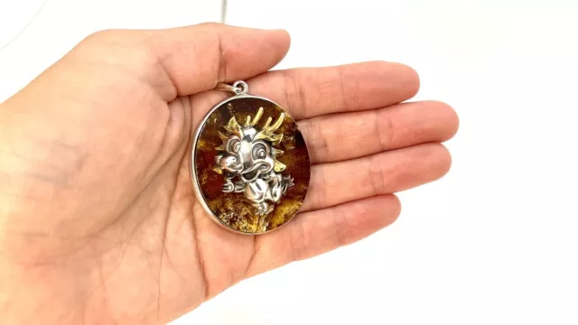 Dragon Silver Pendant On Natural Amber Plate Oval Shape Gold Plated to Necklace