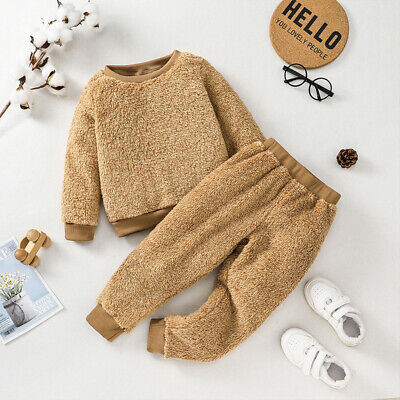 Kids Winter Warm Teddy Bear Fur Outfits Toddler Boys Girls Sweatshirt Pants Set