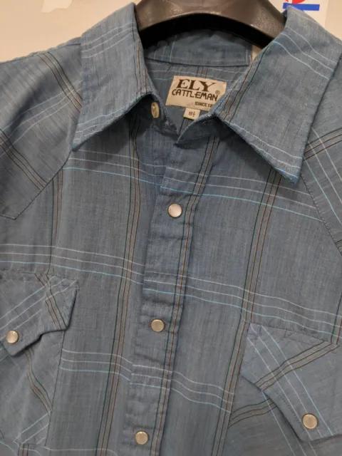 Eli Cattleman Shirt Mens 18.5 Blue Short Sleeve Pearl Snap Checker Plaid Pockets