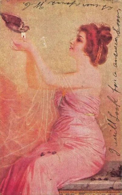 Loves Messenger~Beautiful Woman Holding Bird W/ Letter~1907 Rommance Postcard