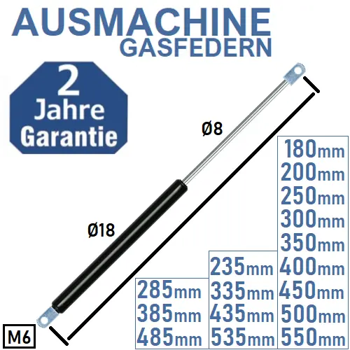 GASDRUCKFEDER LÄNGE 180 - 750mm Gasfeder 50N - 800N Universal