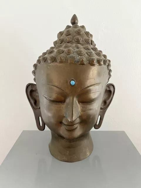 Vintage Large Bronze Brass Buddha Head Bust Statue Patina Religious Antique
