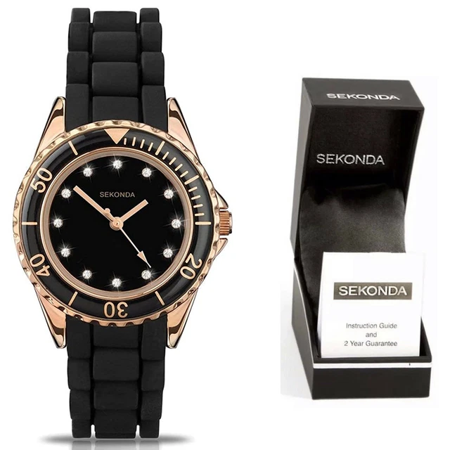 Sekonda Uhr Damen Schwarz & Roségold, Silikonarmband, Kristall Set Zifferblatt