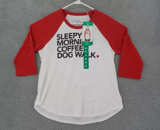 Chaser Womens "Sleepy Morning Coffee Dog Walk" T-Shirt Sz Xl Baseball Tee Nwt