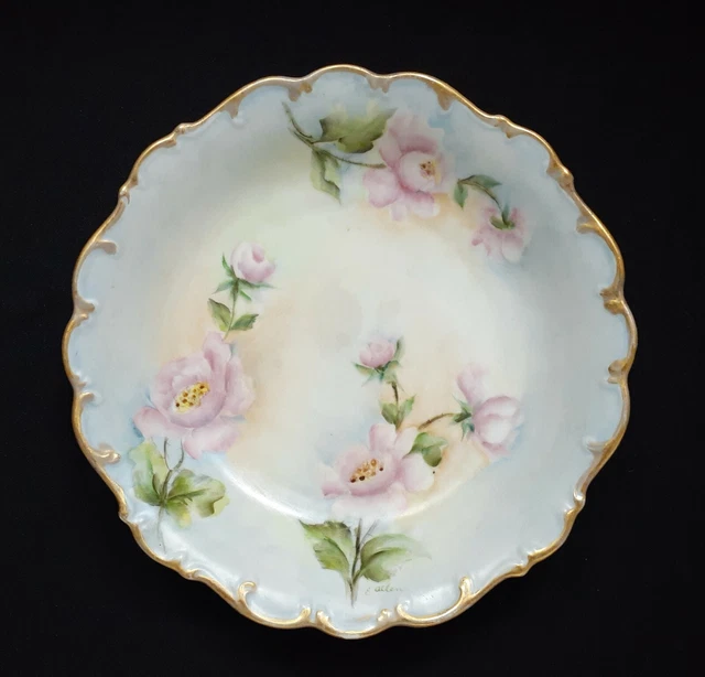 Schumann Scalloped Bowl Pink Florals Gold Edge Signed, E. Allen 8" -GERMANY