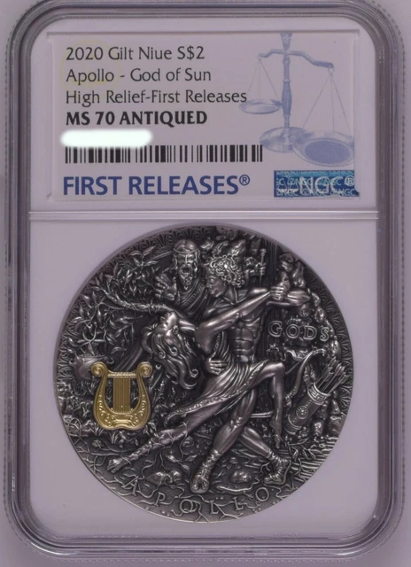 NGC MS70 FR Niue 2020 God of Sun Apollo High Relief Antiqued Silver Coin 2oz