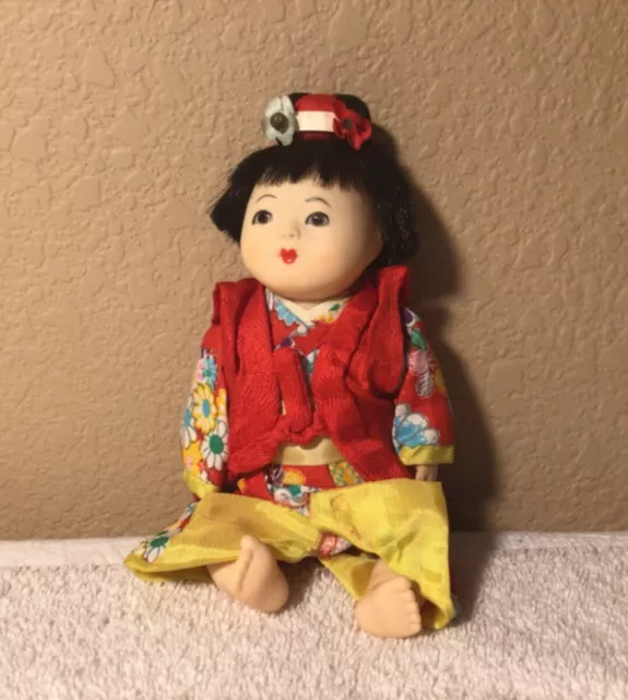 Vintage Ichimatsu Ningya Gofun Japanese Glass Eyes Real Hair Baby Doll 8”