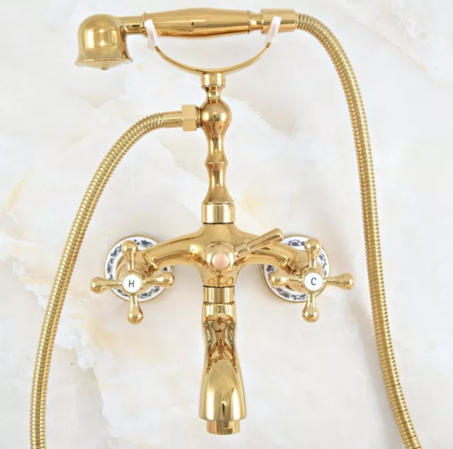 Gold Brass Wall Mounted Bath Clawfoot Tub Mixer Tap Faucet Hand Shower yna806