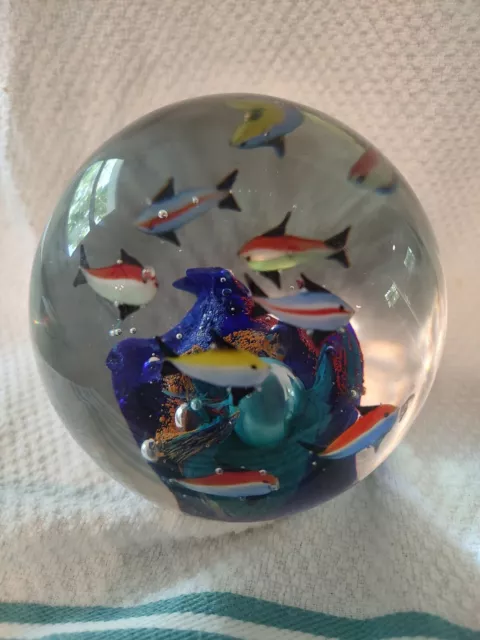 Murano Art Italian Glass Large Heavy Aquarium Round Paperweight Sculpture 9 fish