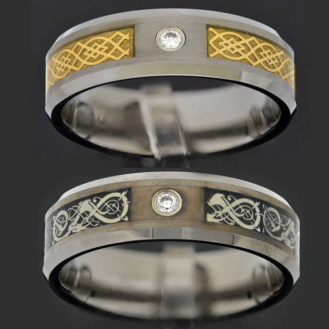 8mm Celtic Dragon Inlay CZ Solitaire Tungsten Band Bevel Edge Men's Wedding Ring