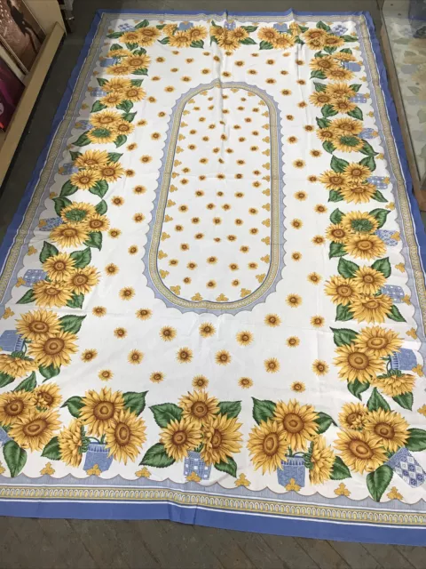 Vintage Wilton Court SUNFLOWERS White & blue 62” x 102” TABLE CLOTH Beautiful