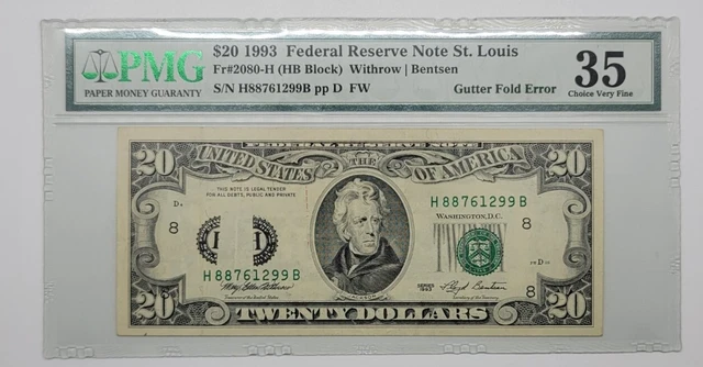 PMG 35 - $20 1993 Federal Reserve Note - St. Louis - RARE GUTTER FOLD ERROR