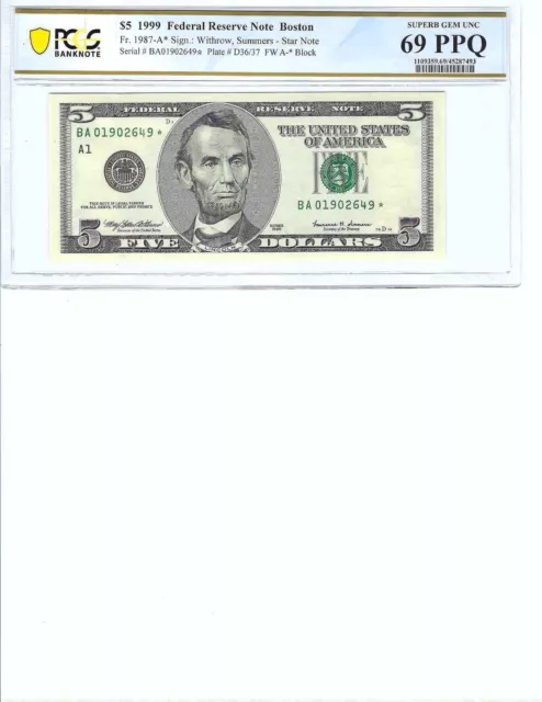 1999 $5 Federal Reserve Note FR1987-A* PCGS 69 Superb Gem UNC PPQ, Star Note!!!