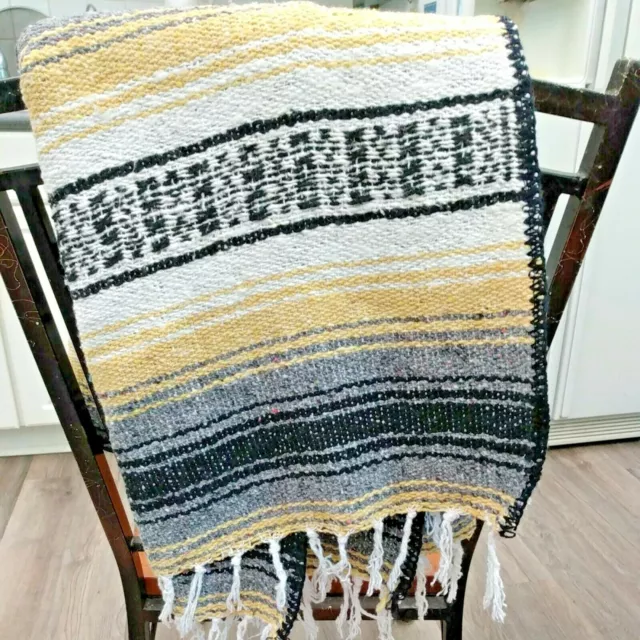 Vintage Mexico Serape Blanket Saltillo Textile Throw 57 x 40 Yellow Black