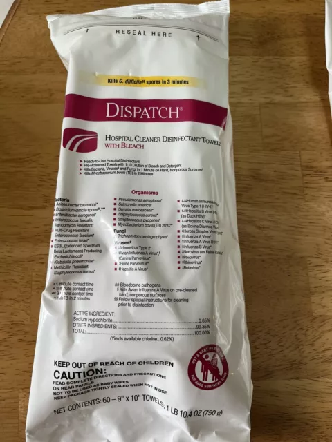 Dispatch Hospital Cleaner Disinfectant Towels with Bleach 5 Packs Size 9” X 10”