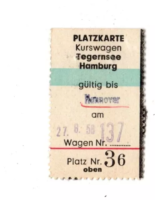 Alte Fahrkarte bzw. Platzkarte Kurswagen Tegernsee - Hamburg 1958 Vintage