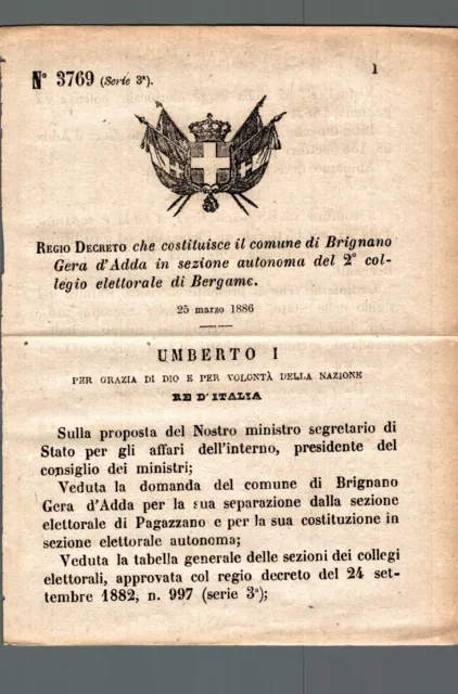 Regio Decreto Brignano Gera d'Adda sezione autonoma 2 collegio el. Bergamo 1886
