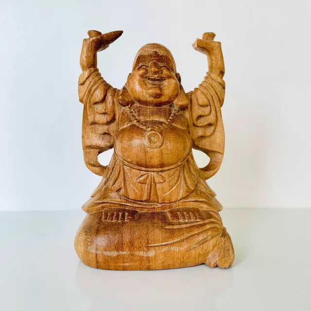 Hand Carved Chinese Laughing Buddha Wooden Statue Standing On A Bag Of Fortunes