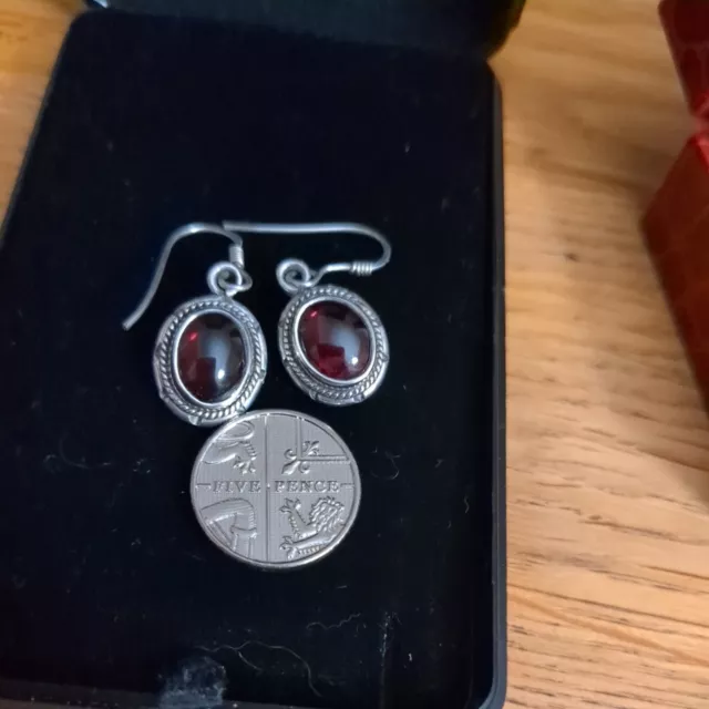 Beautiful 925 Silver Drop Earrings With Deep Red Stones