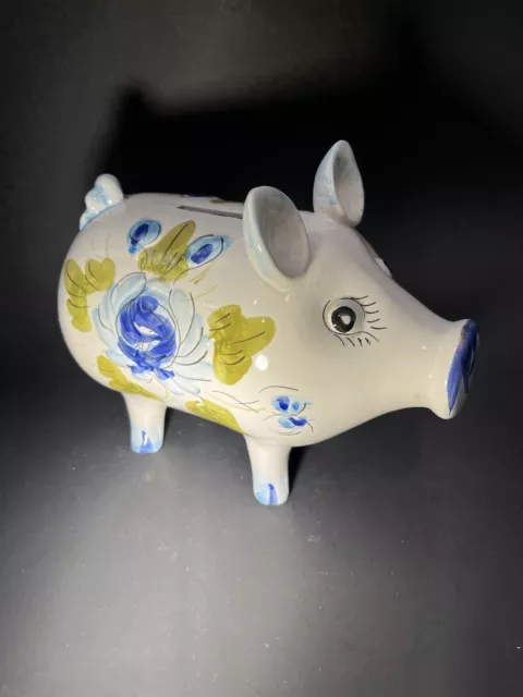 VTG Large Ceramic PIG Piggy Bank Flower  Floral Design Made In Italy GIFT