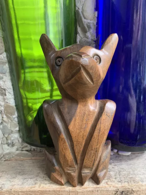 Handcarved Wooden Folk Art Sitting Dog Sculpture 5”