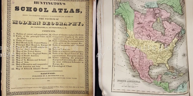 1833 antique ATLAS vivid color 8 MAPS blank on back HUNTINGTON'S SCHOOL