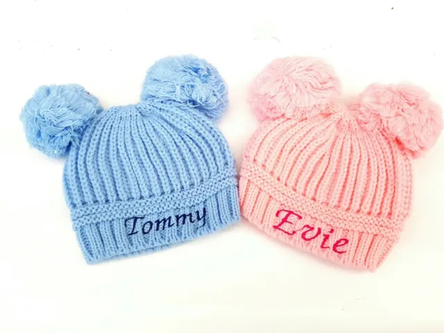 personalised baby double  POM POM beanie embroidered hat 4 colours