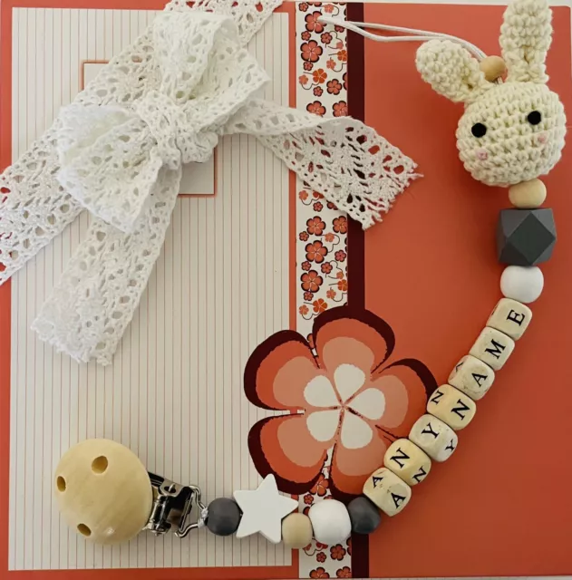 Personalised Baby Crochet Dummy Clip Pacifier Chain Soother Holder Gift Wooden