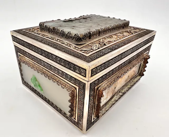 Antique Chinese Gilt Silver Carved Nephrite White Jade Panel Filigree Box 1,158g