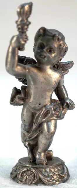 Solid Pewter Figurine Winged Semi Nude Cherub Running with Torch