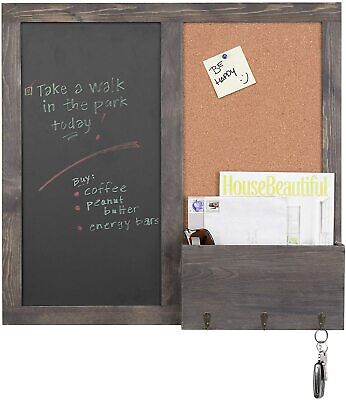 Wall Mounted Grey Wood Chalkboard& Cork Board Organizer w/ Mail Sorter& Key Hook