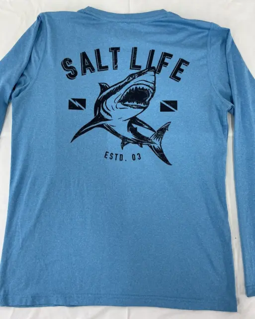 SALT LIFE YOUTH XL BLUE SHARK UV Protection Fishing Outdoor Long Sleeve Shirt