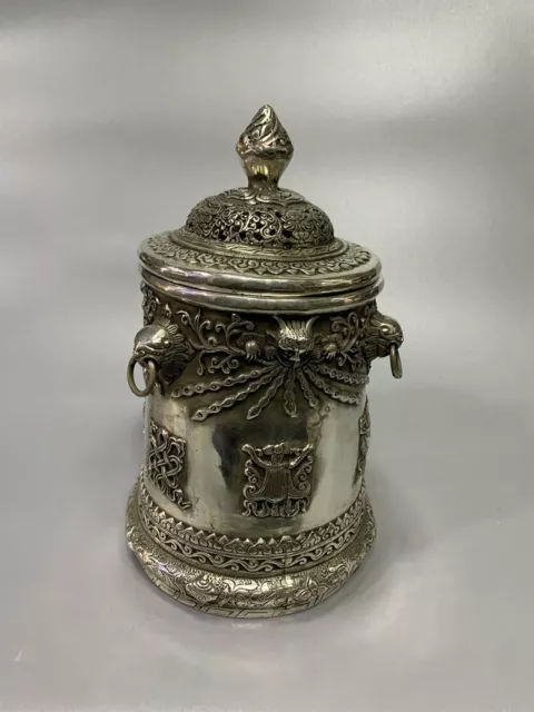 Exquisite Old Chinese tibet silver handcarved eight treasures jar pots 6059