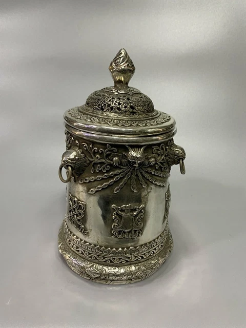 Exquisite Old Chinese tibet silver handcarved eight treasures jar pots 6059