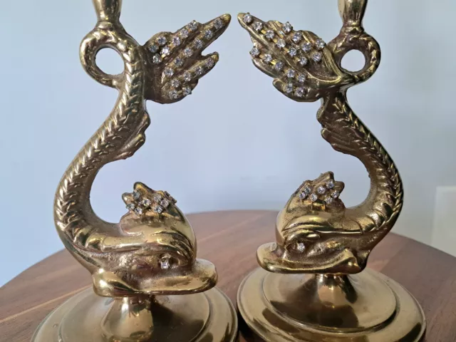 Vintage 2 Gemed Baldwin Solid Brass Koi/Fish/ Dolphin Candlestick Holders