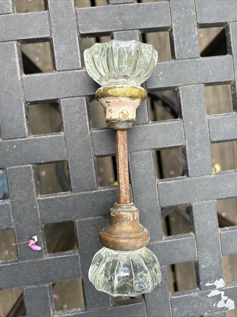 Beautiful Pair Antique Victorian Round Cystal Glass Door Knobs Brass Shanks